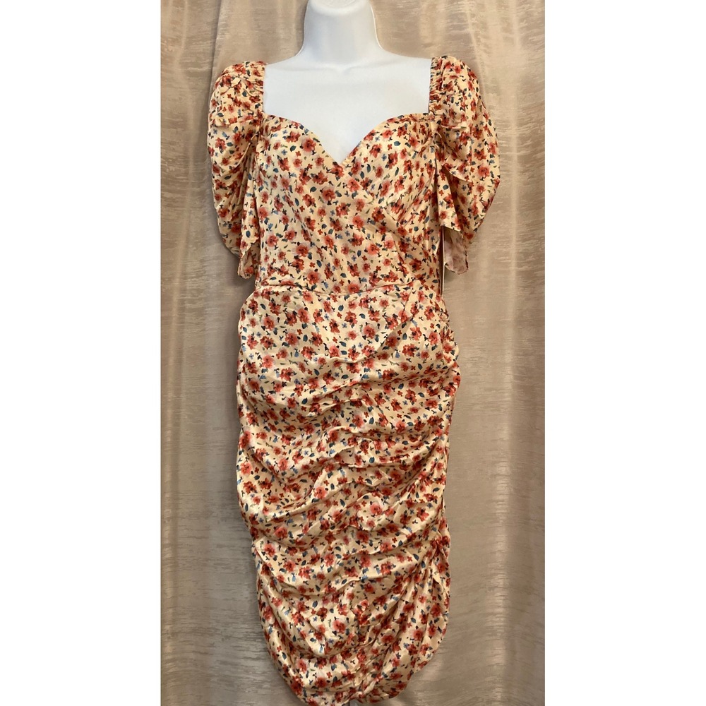 Fanco Floral Ruched Bodycon Dress Puff Sleeve Sweetheart Neckline M